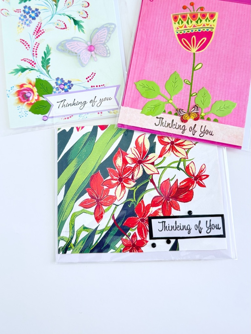 Thinking of You Floral Greeting Card Set - Pink & Red